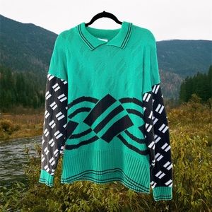 Teal and Black Patterned Collared Sweater